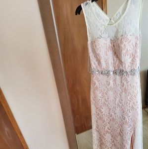 White and nude lace prom dress